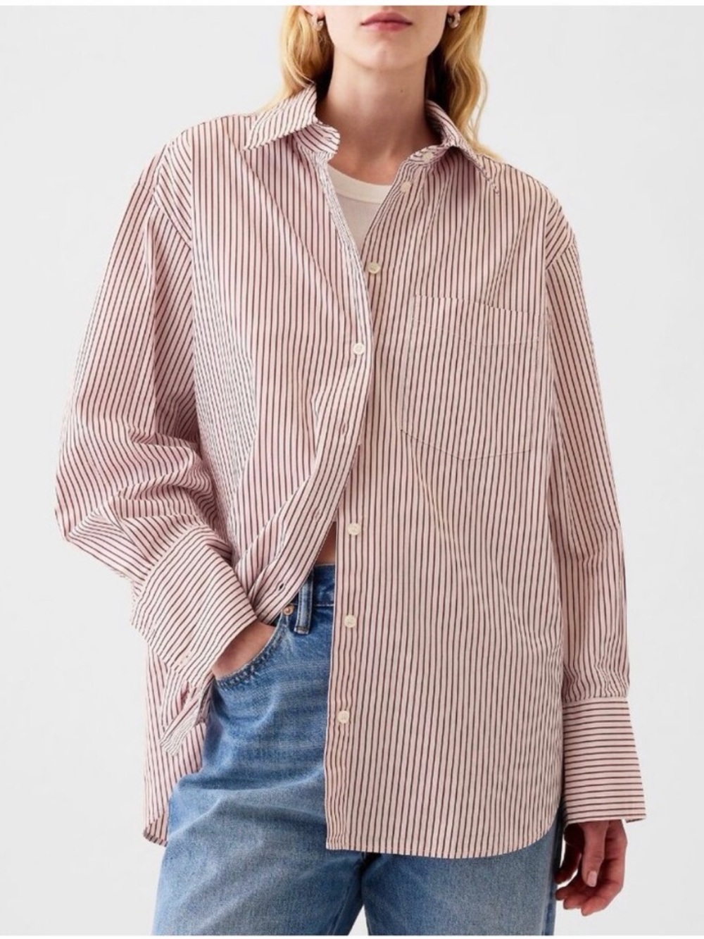 GAP The Big Shirt - Red Pink Stripes Oxford Button Down